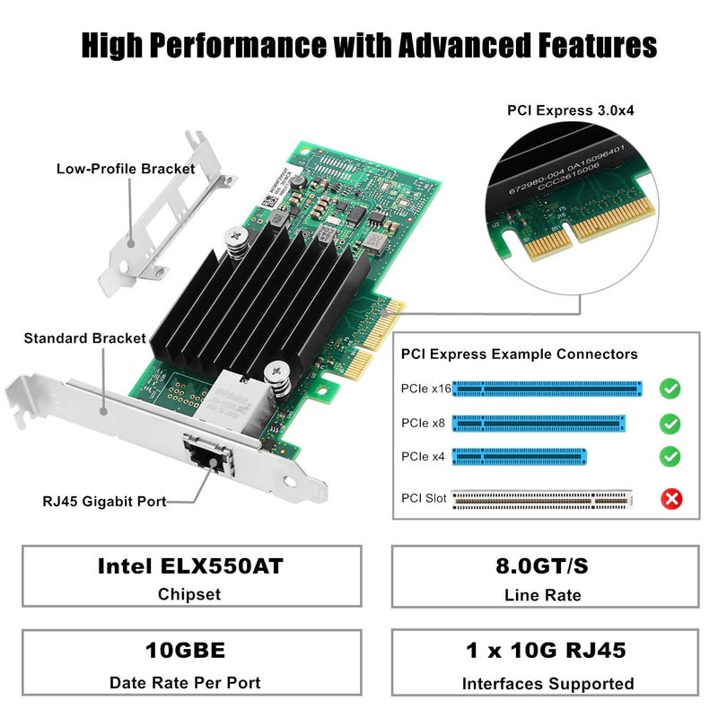 Vogzone 10Gb PCI-E NIC Network Card for Intel X550-T1,2.5GbE/5GbE/10GbE Copper Singe RJ45 Port,with Intel ELX550AT2 Chip,10GbE PCI Express 3.0 X4 Adapter Support Windows/Linux/VMware - Image 2